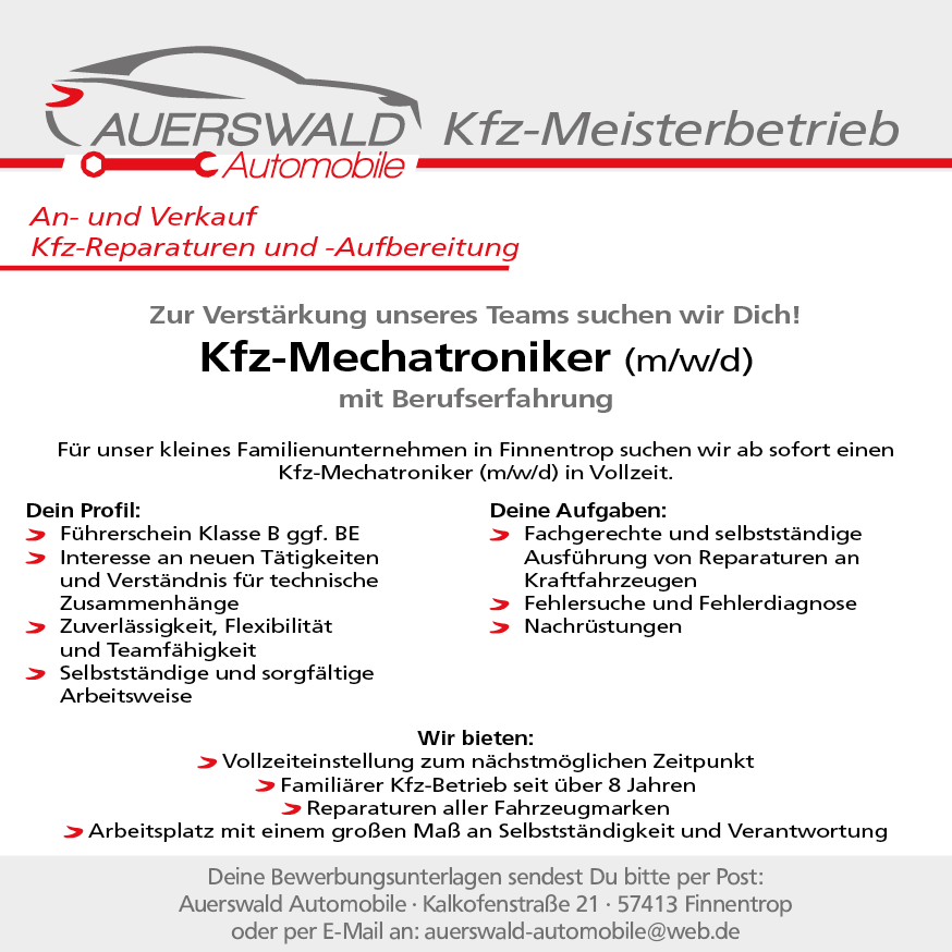 Stellenanzeige Kfz-Mechatroniker bei Auerswald Automobile